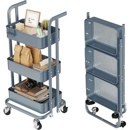 DTK Mini 3 Tier Foldable Rolling Cart, Metal Utility Cart with Lockable Wheels, Folding Storage Trolley for Living Room, Kitchen, Bathroom, Bedroom and Office, Blue-Small