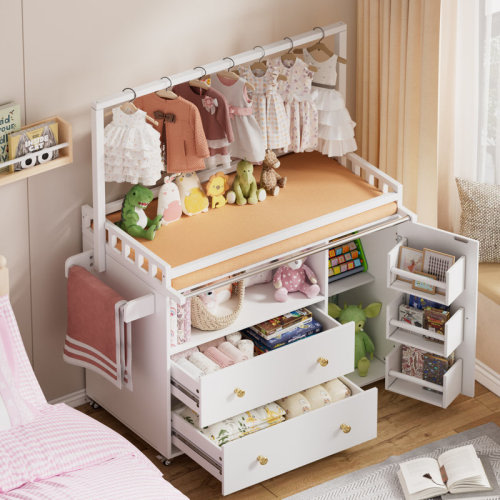 Latitude Run® Modern Nursery Changing Table Dresser,corner Baby Dressing Table With 3 Drawers,2 Open Storage Racks,multi Functional Diaper Changing Station For Children's Rooms,for The Nursery | Wayfair
