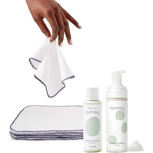 Esembly Wipe Up Wash Kit and 12pk Wipe Ups Bundle Organic Cotton Reusable Wipes plus Organic No-Rinse Foaming Wipes Solution, Kit Includes Refillable Foamer Bottle, Concentrate and Washable Wipe Ups