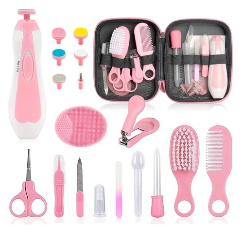 Baby Grooming Kit - 19 in 1 Nursery Essentials Baby Registry Shower Gift for Newborns, Infants, Toddlers, Boys, Girls Kids-Safety Baby Comb, Brush, Finger Toothbrush, Nail Clippers, Scissors(Pink)