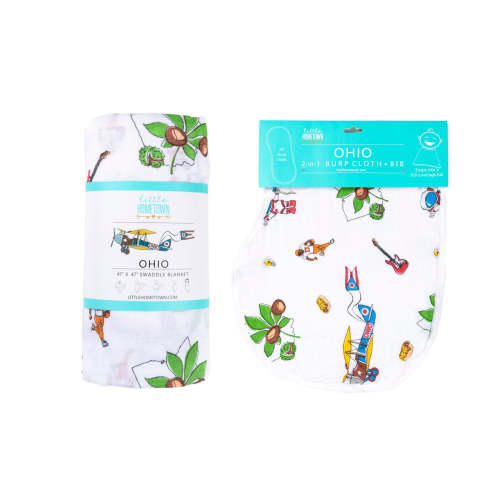 Gift Set: Ohio Baby Muslin Swaddle Receiving Blanket and Burp Cloth / Bib Combo