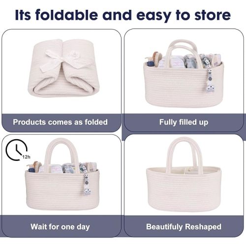 Baby Diaper Caddy Organizer for Girl Boy Cotton Rope Nursery Storage Bin Basket Portable Holder Tote Bag for Changing Table Car Travel Baby Shower Gifts Newborn Essentials Registry Must Haves White - Regular