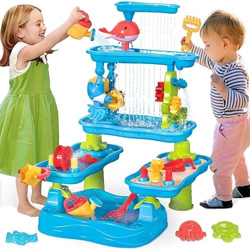 BELLOCHIDDO Water Table for Kids Ages 4-8 - 5-Tier Rain Shower Splash Sand Table Toy - Summer Outdoor Pool Backyard Garden Sensory Activity Set - Outside Play Toys for Toddler Boy Girl Age 3 4 5 6 7 8