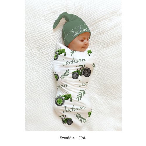 Green Tractor PERSONALIZED Swaddle Baby Blanket Hat - Green Trucks Farm Baby Shower Gift Baby Boy Coming Home Outfit Custom Baby Blanket