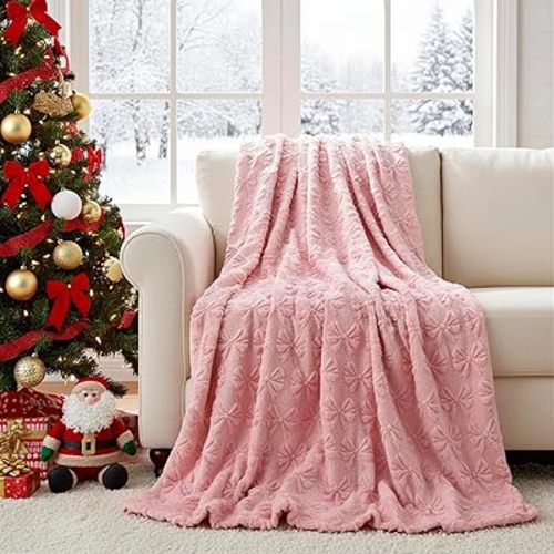 Pink Bow Throw Blanket – 50" x 60" Soft Coquette 3D Bow Printed Fleece Blankets for Girls Women, Cozy Faux Fur Warm Blankets, Aesthetic Room Decor for Sofa Bed Chai Bedding Living Room