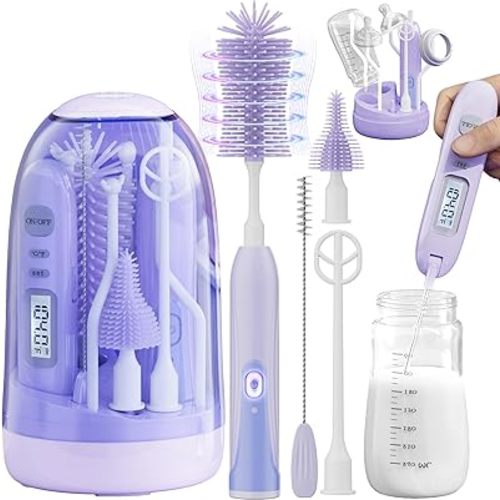 Electric Bottle Brush Cleaner,Rechargable Baby Bottle Brush with Thermometer,Drying Rack,Waterproof Baby Bottle Cleaner with Silicone Nipple Brush,Straw Brush (Violet)