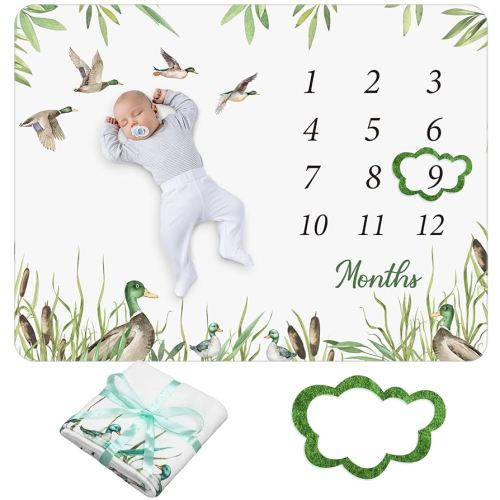 Preboun Mallard Duck Baby Monthly Milestone Blanket Months Blanket Mallard Duck Stuff Growth Chart Milestone Gift for Boy or Girl with Felt Marker, 40"x60"
