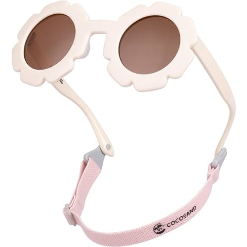 COCOSAND Toddler Sunglasses with Strap Polarized Lens Retro Flexible Flower Frame for Baby Kids Boys Girls Age 3-24 Months