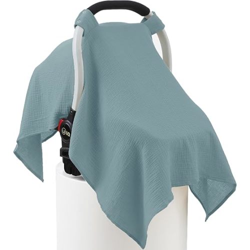 100% Muslin Cotton Car Seat Cover Baby, Carseat Canopy Cover, Universal Fit Stroller Covers for Boys and Girls (Blue)