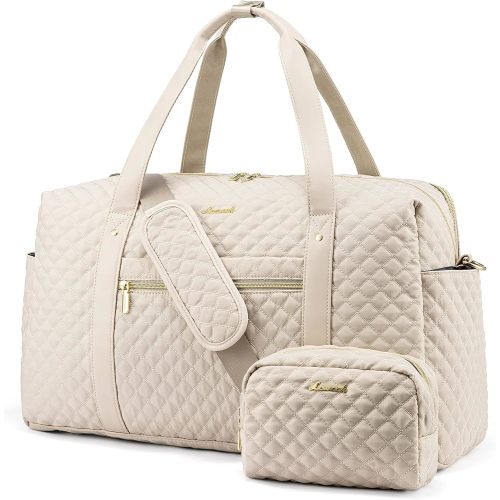 LOVEVOOK Weekender Bag for Women Cute Travel Tote Bag Gym Duffel Bag with Toiletry Bag Carry On Bag Overnight Hospital Bag - Large - 81#Beige/Quilted