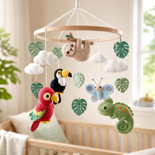 Jungle Animal Crochet Baby Mobile, Crochet Nursery Mobile, Sloth Toucan Parrot Chameleon, Safari Crib Mobile, Baby Shower Gift
