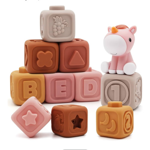 Nueplay 7 Pcs Soft Building Blocks, Sensory Stacking Squeeze Toys with Horse Figure, Newborn Essentials for 6 12 18 Months Baby Toddler Girls