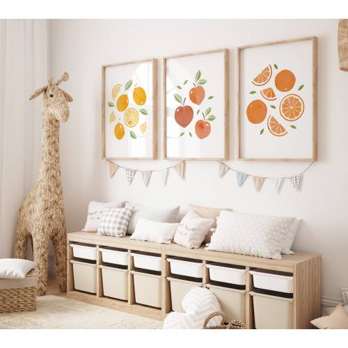 Citrus Wall Art, Set Of 3 Fruit Prints, 3 for 2, Colourful Fruit Prints, Gallery Wall, Kitchen, Living Room, Bedroom, Dining Room, Nursery