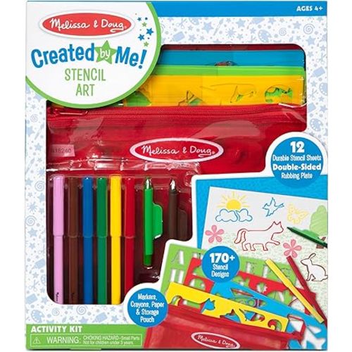 Melissa & Doug Created by Me! Stencil Art Coloring Activity Kit in Storage Pouch - 170+ Designs, 6 Markers, 2 Crayons, Paper - FSC-Certified Materials