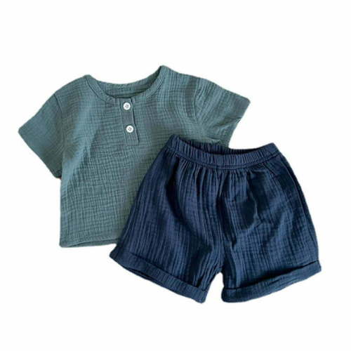 AherBiu Baby Toddler Summer Clothes Cotton Linen 2 Piece Outfits Short Sleeve Tops with Shorts Kid Sets