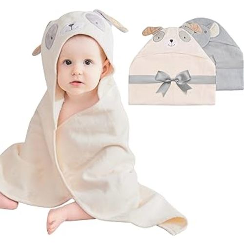Mooreeke 2 Pack Baby Hooded Towel with Unique Animal Design Cotton Bath Towel for Babies Ultra Soft Absorbent Baby Washcloths for Newborn Essentials (Puppy & Elephant)