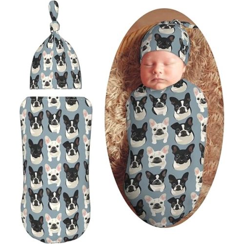 French Bulldog Dogs Newborn Swaddle Blankets Hat Sets Soft Baby Receiving Blanket Swaddle Sack for Baby Shower Infant Boy Girl Gift