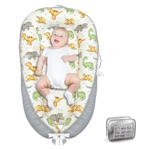 Baby Lounger for Newborn 0-24 Months, Breathable and Soft Cotton Infant Lounger, Adjustable Infant Nest, Portable Cosleeping Baby Bed Sleeper for Home and Travel, Gray Dinosaur
