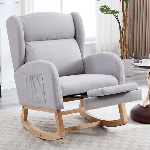 NIOIIKIT Oversized Nursery Rocking Chair with Footrest, Linen Upholstered Glider, Rocker with Side Pocket, Accent Reading Chair for Living Room (Grey Linen)