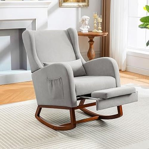 Rocking Chair Nursery Glider Chair with Foot Rest, Nursery Rocking Chairs with Rubber Wood Legs Side Pocket, High Back Nursing Chair, Accent Rocker Arm Chair Baby Bedroom, Living Room, Grey
