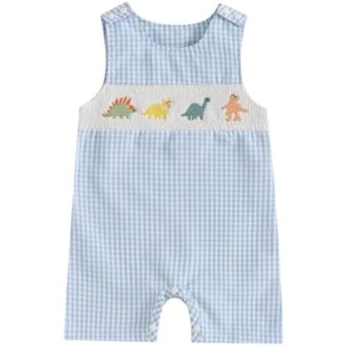 Baby Boy Summer Clothes Sleeveless Embroidery Striped Retro Romper Jumpsuit Easter Bunny Smocked Shortall