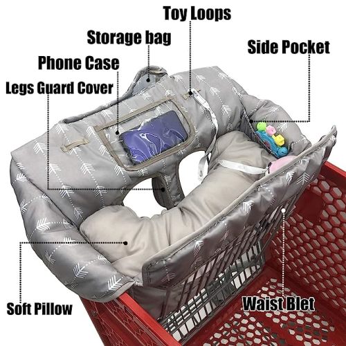 Soft Pillow Attached Waterproof 2-in-1 Baby Grocery Cart Seat Cover and High Chair Cover - Grey Arrow