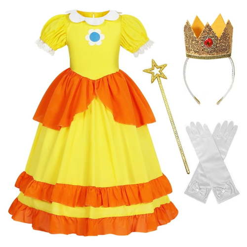 Super Brothers Girls Princess Daisy Costume Set, Kids Halloween Fancy Dress Crown Headband Gloves Wand Suit 3-12Years