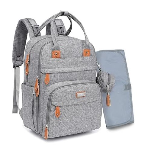 BabbleRoo Diaper Bag Backpack - Baby Essentials Travel Tote - Multi Function Waterproof Diaper Bag, Travel Essentials Baby Bag with Changing Pad, Stroller Straps & Pacifier Case - Unisex, Light Gray
