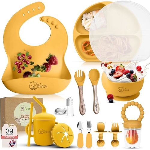 O'doe Baby Led Weaning Feeding Supplies for Toddlers, Baby Feeding Set 17 Pcs | Suction Silicone Baby Bowl Self Eating with Fruit Feeder, Cup, Bibs, Food Plate Kit with Lid 6+ Months | Yellow V2