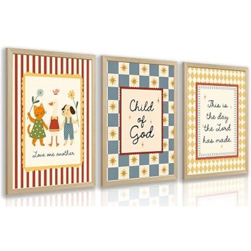 VziizV Christian Nursery Wall Art Set of 3, Child of God Bible Verse Wall Decor, Love One Another Animal Artwork, Kids Room Scripture Art Prints for Playroom Bedroom Wood Framed 12x16 Inch