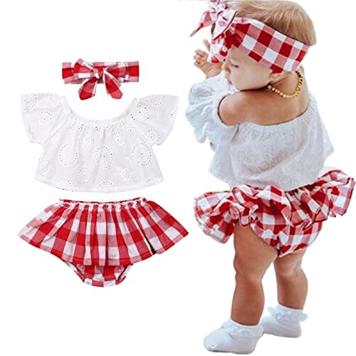 LXXIASHI 3PCS Baby Girl Summer Outfits Cold Shoulder Lace Crops Top + Plaid Skirts Bloomer Shorts + Headband Sets