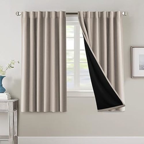 H.VERSAILTEX 100% Blackout Curtains for Bedroom with Black Liner Full Room Darkening Curtains 63 Inch Long Thermal Insulated Back Tab/Rod Pocket Window Drapes for Living Room, 2 Panels, Natural Sand
