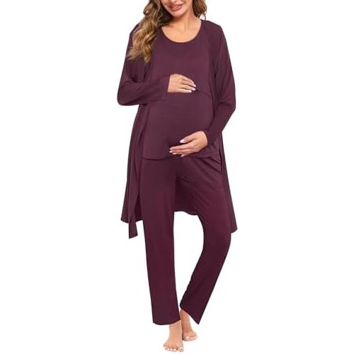 SWOMOG Maternity Nursing Robe Set 3 PCS Postpartum Pajamas