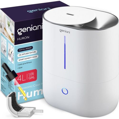 GENIANI Top Fill Cool Mist Humidifiers 4L with Essential Oil Tray for Home, Bedroom, Baby, Plants - Smart Mode, Quiet, Easy to Clean, Night Light, Color: White, Size: 4