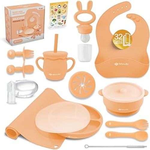 Silicone Baby Feeding Set - Infant Tableware for First Foods & Baby, Led Weaning (0+ Months), Easy to Clean, Durable, Perfect for Baby Boy or Girl, Solid Feeding - Peach - Deluxe