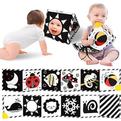 High Contrast Baby Book with Teether, Black and White Baby Toys, 0-6-12 Months Brain Development for Newborn, Soft Baby Book, Montessori Learning Activities Gift for Babies Tummy Time Toys, Baobrava
