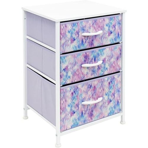 Sorbus Nightstand Storage Organizer with 3 Drawers - Kids Girls, Boys Bedroom Furniture Storage Chest for Clothes, Closet Organization - Steel Frame, Wood Top, Tie-dye Fabric Bin (Blue/Pink/Purple)