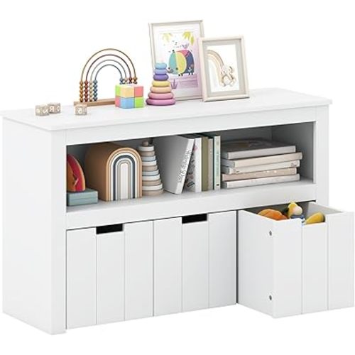 HONEY JOY Kids Toy Storage Organizer, Children Daycare Shelf, 3 Wooden Toy Box w/Wheels, Toddler Classroom Display Cabinet for Playroom, Nursery, Kindergarten (White)