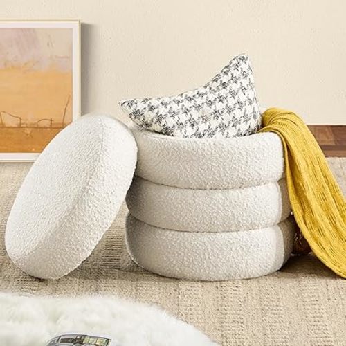 Round Ottoman with Storage for Living Room Small Boucle Foot Stool Modern Upholstered Vanity Stool Ottoman Foot Rest for Dorm Corner Home Decor, Set of 1 (White)
