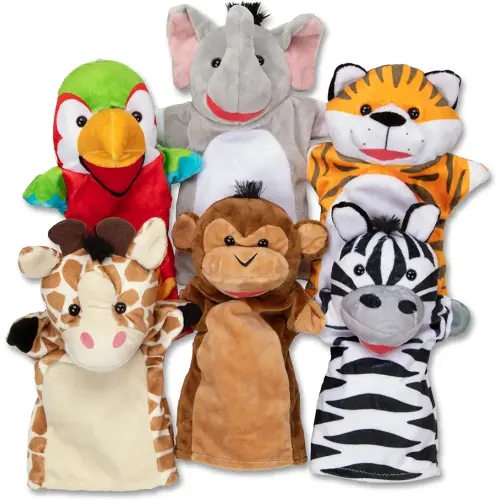 Melissa & Doug Safari Buddies Hand Puppets, Set of 6 (Elephant, Tiger, Parrot, Giraffe, Monkey, Zebra) Soft, Plush Animal Hand Puppets For Toddlers And Kids Ages 2+