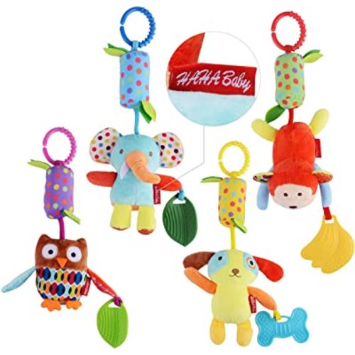 Toys for 0 3 6 9 to 12 Months, Soft Hanging Crinkle Squeaky Sensory Learning Toy Infant Newborn Stroller Car Seat Crib Travel Activity Plush Animal Wind Chime with Teether for Boys Girls