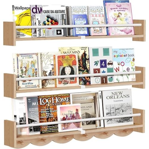 34Inch Nursery Bookshelves Wall Mounted,Wooden Floating Shelf Kids Coat Rack with 6Hooks,Hanging Shelf for Baby Nursery Room Décor, Set of 3 Burlywood