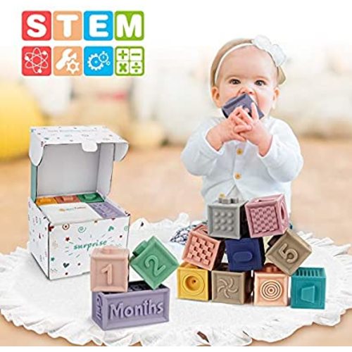Mini Tudou Baby Soft Building Blocks Toys w/ Milestone Age Blocks & Play Mat, Educational Squeeze Teether Montessori Toy w/ Numbers Animals Shapes Textures for Babies Toddlers 6 Months and Up 14 PCS