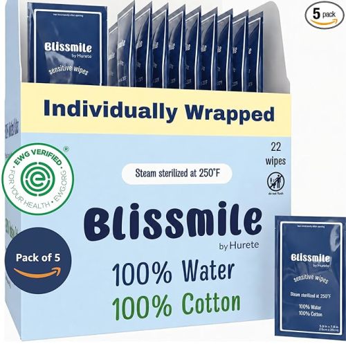 100% Water Wet Wipes Travel Size, Individually Wrapped, Unscented - Face, Hand, Body & Feminine Care - Gentle for Baby, Women & Sensitive Skin - 110 Individual Packs