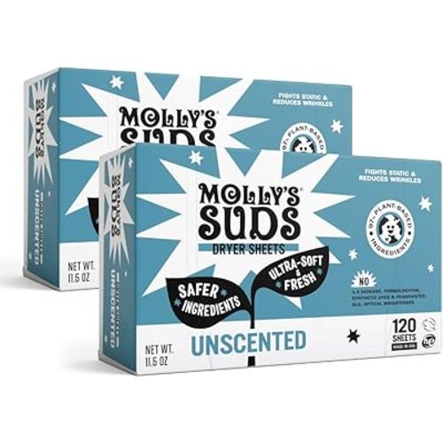 Molly's Suds Fabric Softener Dryer Sheets for Sensitive Skin | Plant-Based Static Reducer, Plastic-Free Packaging | Bundle of 2, Unscented (240 Sheets Total)
