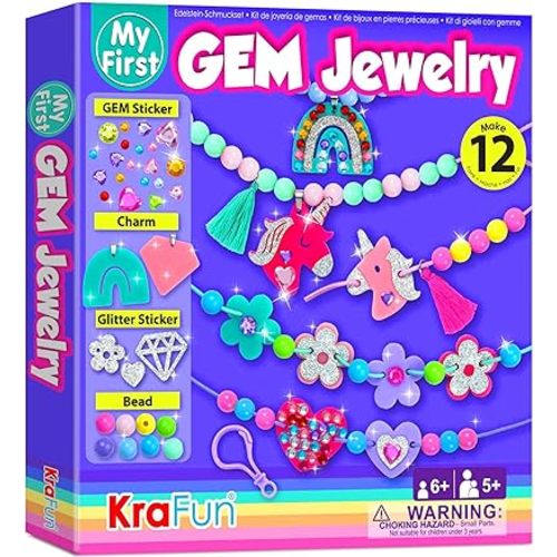 KRAFUN Jewelry Kit Unicorn & Princess Craft Set for Kids 5+ Years, 12 DIY Gem Bracelets & Charms, Unicorn & Princess Theme, Stickers, Instructions, Creative Kit