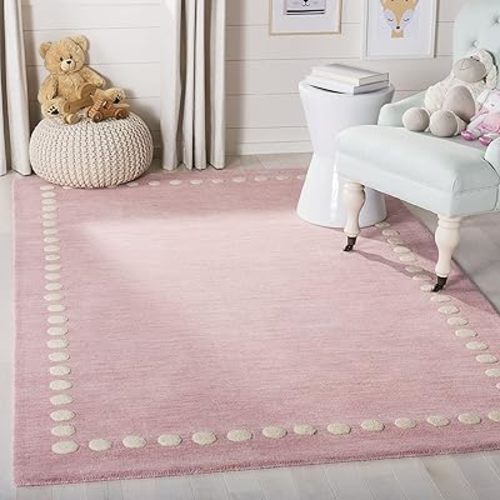 SAFAVIEH Kids Collection Area Rug - 5' x 8', Pink, Handmade Polka Dot Border Wool, Ideal for High Traffic Areas in Living Room, Bedroom (SFK802U)