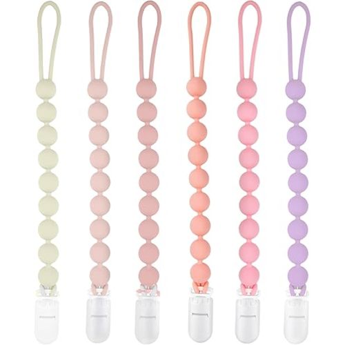 Silicone Pacifier Clip Holder, 6 Pack One Piece Soft Flexible Binky Clips Pacifier Holder Clip for Girls, Baby Girl Newborn Essentials, Teething Relief