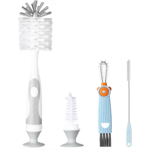 4-in-1 Baby Bottle Brush Set - Including Brushes for Bottles, Straws, Caps, & Nipples - BPA-Free (Grey)