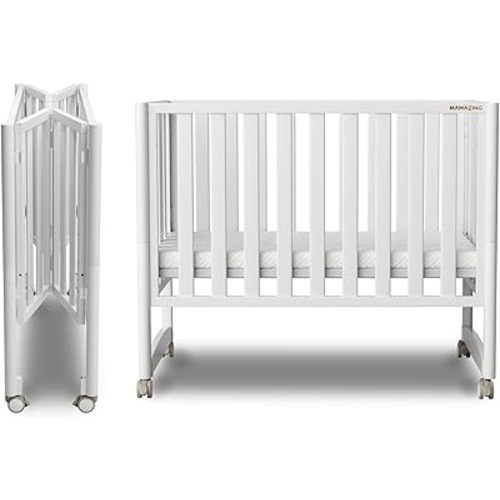EvoNook 6-in-1 Convertible Mini Crib - Easy Assembly, Portable Folding Baby Mini Crib with Mattress, 100% New Zealand Pinewood, 4 Adjustable Mattress Heights, White with Mattress